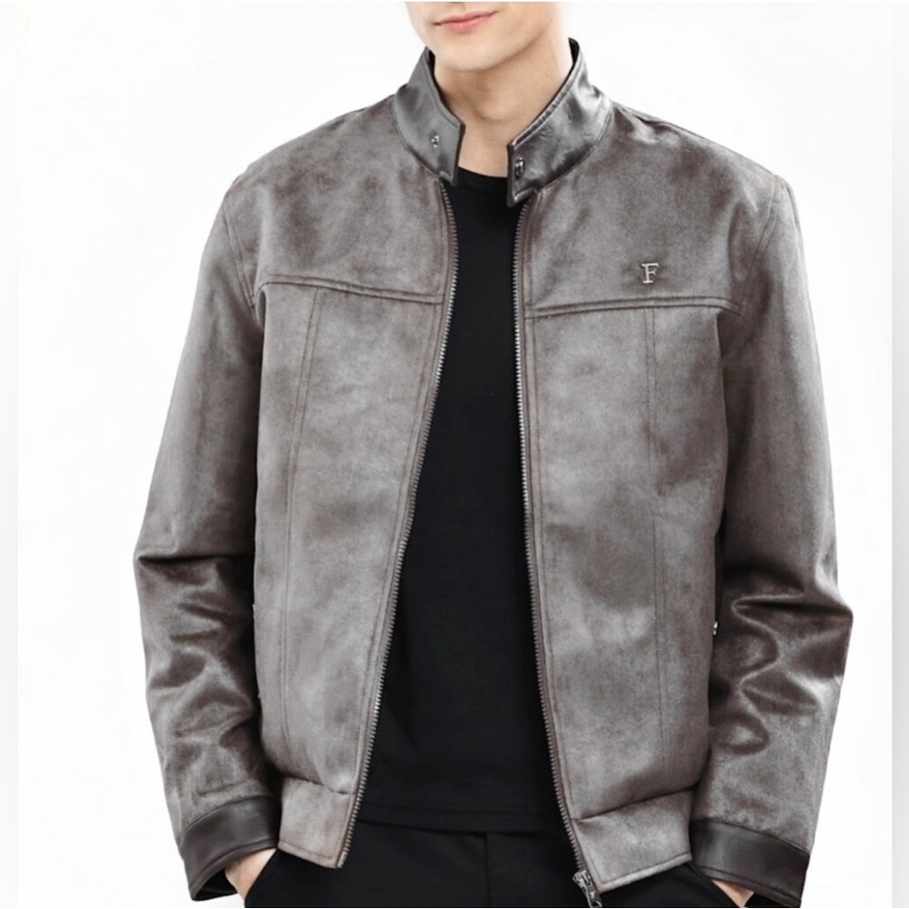 F COLLECTIONS - MADE IN ITALY, FAUX LEATHER, SUEDE, GREY, LUXURYJACKET Size XXL